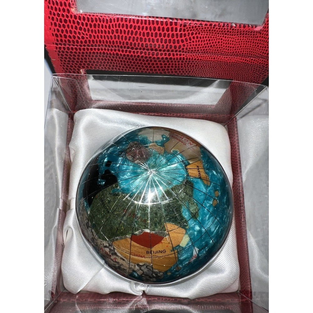 (329/5)Handcrafted Gemstone Globe Paperweight in Decorative Red Box